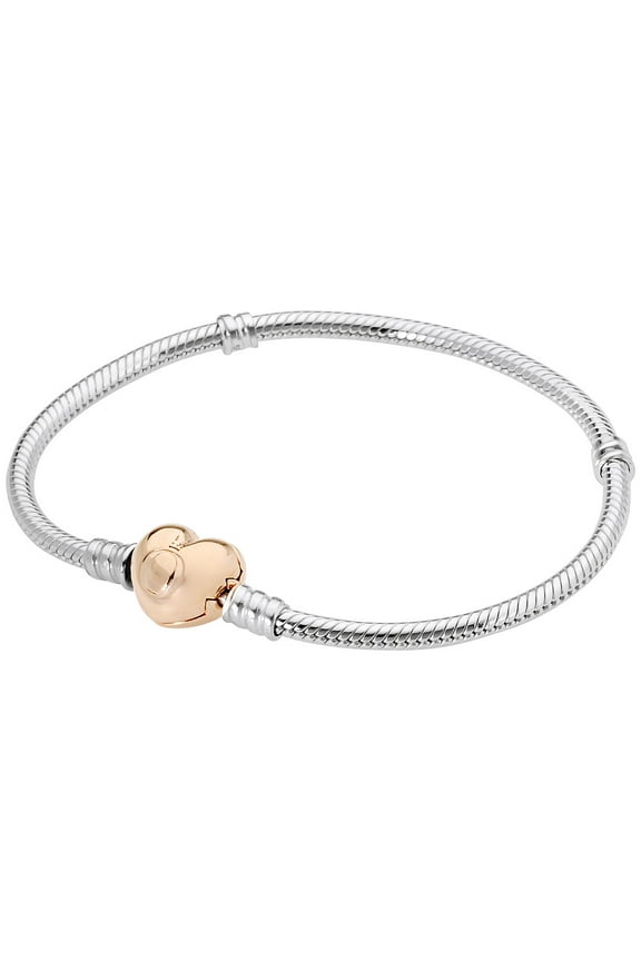 Moments Women's Sterling Silver Snake Chain Charm Bracelet with Rose Gold Heart Clasp
