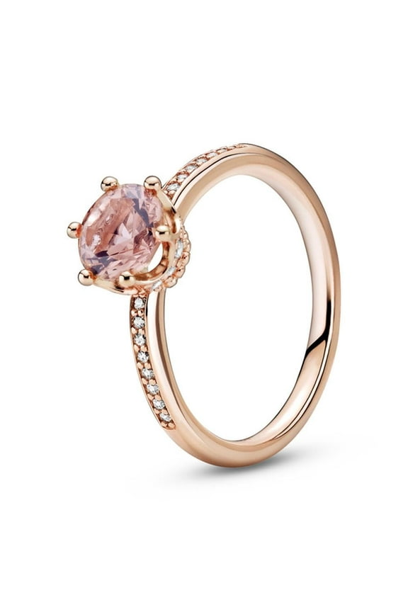 Sparkling Crown Solitaire, Pink Crystal & Clear CZ Rose Ring, Size: EUR-48, US-4.5-188289C01-48