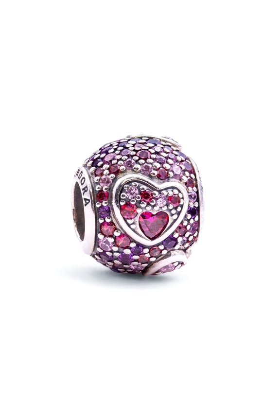 Sterling Silver with Pink Cubic Zirconia Asymmetric Hearts of Love Charm