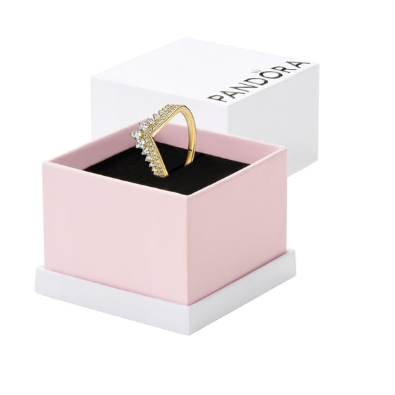 Pandora Tiara Wishbone 14K Gold-Plated Ring With Clear Cubic Zirconia, Size 48, With Gift Box