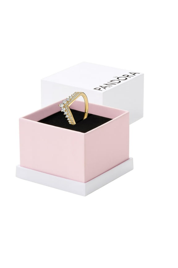 Tiara Wishbone 14K Gold-Plated Ring With Clear Cubic Zirconia, Size 50, With Gift Box