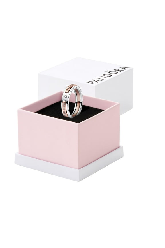 Two-Tone Logo & Pav Ring - Silver & Rose Gold Ring for Her - Layering or Stackable Ring - Sterling Silver & 14k Rose Gold with Clear Cubic Zirconia - With Gift Box - Size 8.5