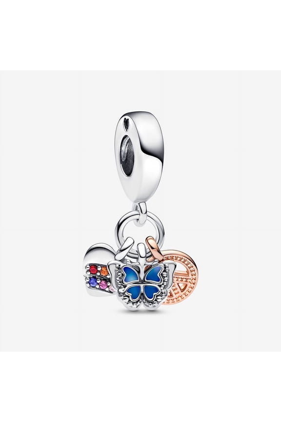 Two-Tone Rainbow Heart, Butterfly & Peace Triple Dangle Charm