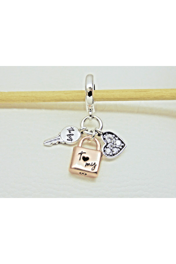 Two-tone Key Padlock & Heart Triple Dangle Charm 782506C01