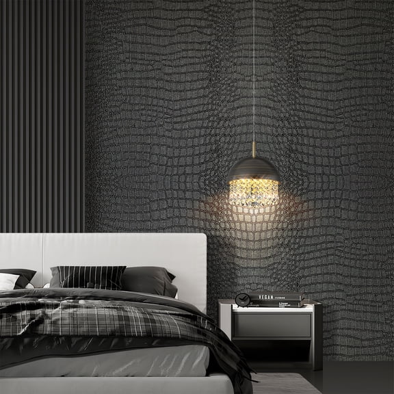 PaneVeil Charcoal Black Crocodile Texture Peel and Stick Wallpaper Removable, 17.3" x 472.44"