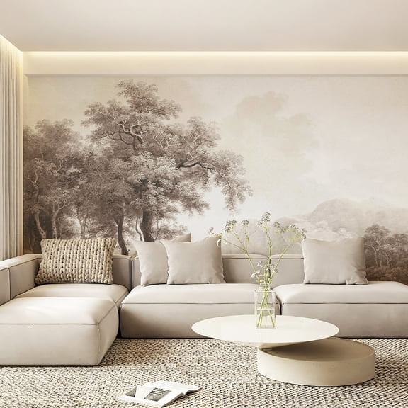 PaneVeil Vintage Landscape Wall Mural, 8-Panel Sepia Forest Lake Deer Wallpaper Mural,139.21" W x 110.24" H