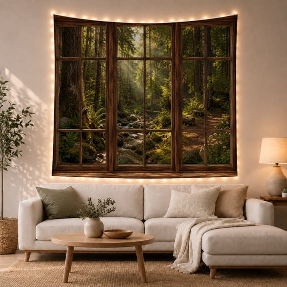Paned Wooden Window Onto a Sunlit Forest Stream, Serene Rustic for Nature Lovers, Forest Stream Wall Art, Housewarming Gift, Tapestry Wall Hanging for Den and Study Room