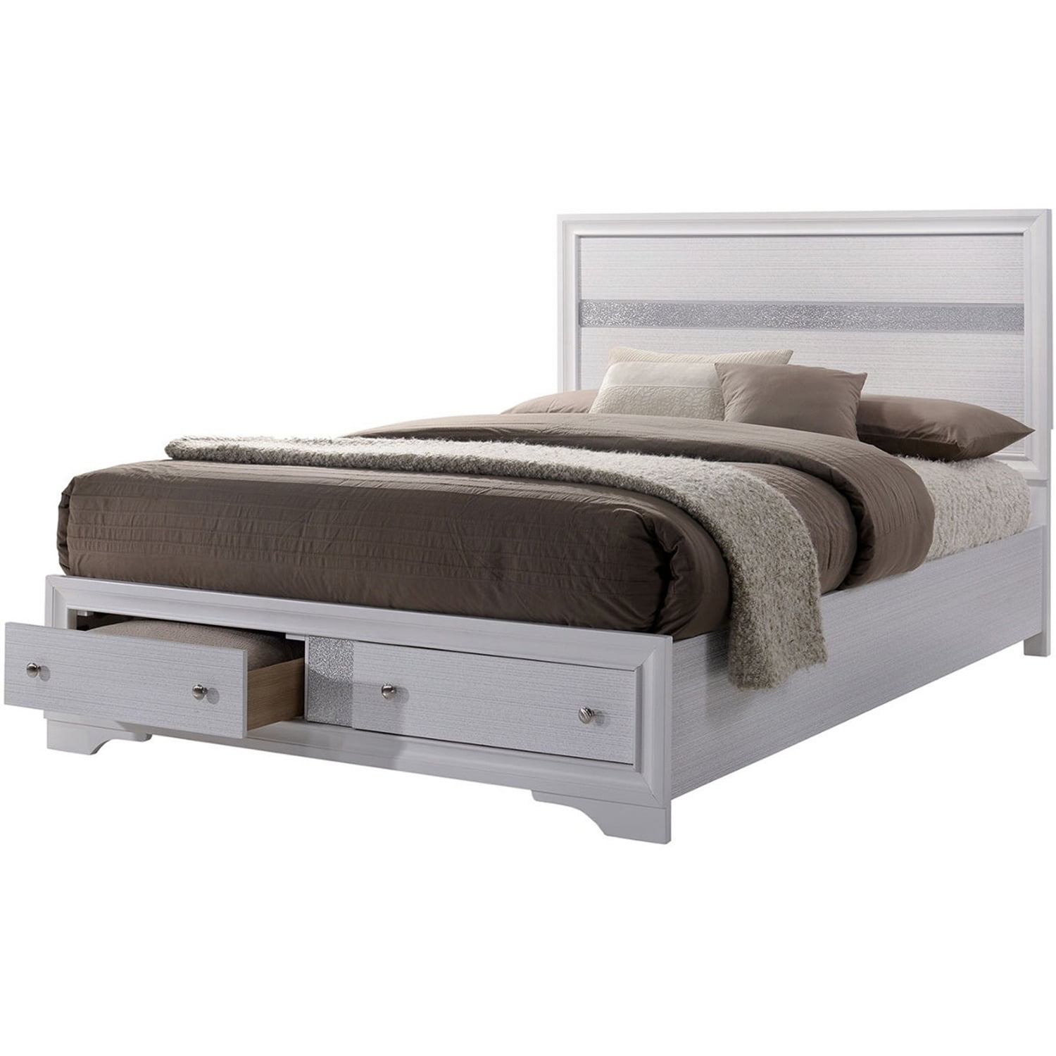 Benzara Solid Wood Eastern King Bed with 2 Storage Drawers in White