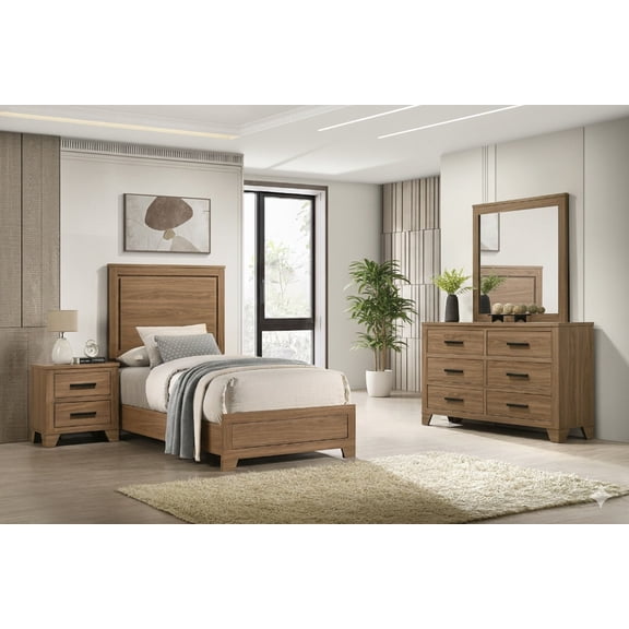 Panel Design Twin Size Bed 4pc Set Dresser Mirror Nightstand Wooden Bedroom Walnut / Chestnut color