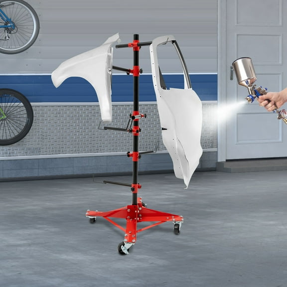 Panel Holder, Adjustable Center Post Hang Automotive Doors Fenders Bumpers Panel Tree Paint Stand, 6 Hooks 4 Wheels