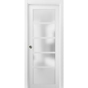 Panel Lite Pocket Door 24 x 80 with Frames | Quadro 4002 White Silk with Frosted Opaque Glass | Kit Trims Rail Hardware | Solid Wood Interior Pantry Kitchen Bedroom Sliding Closet Sturdy Doors