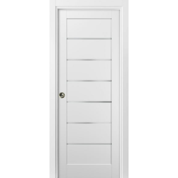 Panel Lite Pocket Door 24 x 80 with Frames | Quadro 4117 White Silk with Frosted Opaque Glass | Kit Trims Rail Hardware | Solid Wood Interior Pantry Kitchen Bedroom Sliding Closet Sturdy Doors