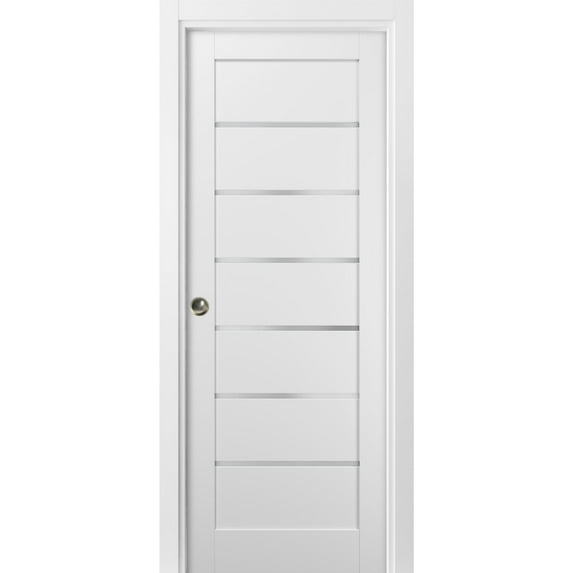 Panel Lite Pocket Door 24 x 84 with Frames | Quadro 4117 White Silk with Frosted Opaque Glass | Kit Trims Rail Hardware | Solid Wood Interior Pantry Kitchen Bedroom Sliding Closet Sturdy Doors