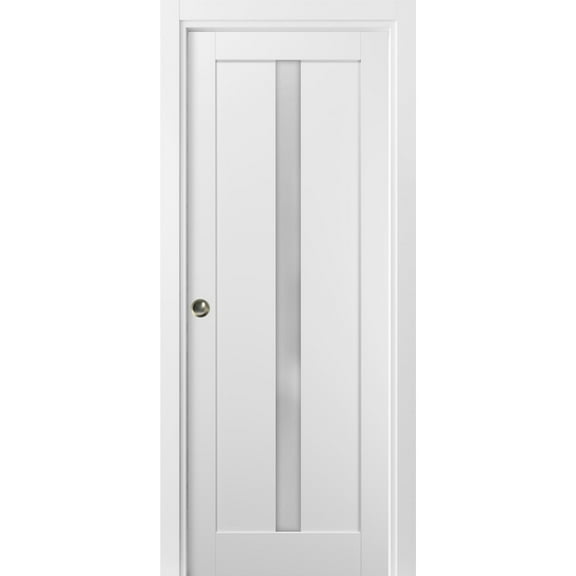 Panel Lite Pocket Door 24 x 96 with Frames | Quadro 4112 White Silk with Frosted Opaque Glass | Kit Trims Rail Hardware | Solid Wood Interior Pantry Kitchen Bedroom Sliding Closet Sturdy Doors
