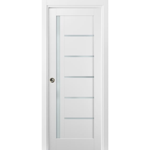 Panel Lite Pocket Door 28 x 96 with Frames | Quadro 4088 White Silk with Frosted Opaque Glass | Kit Trims Rail Hardware | Solid Wood Interior Pantry Kitchen Bedroom Sliding Closet Sturdy Doors
