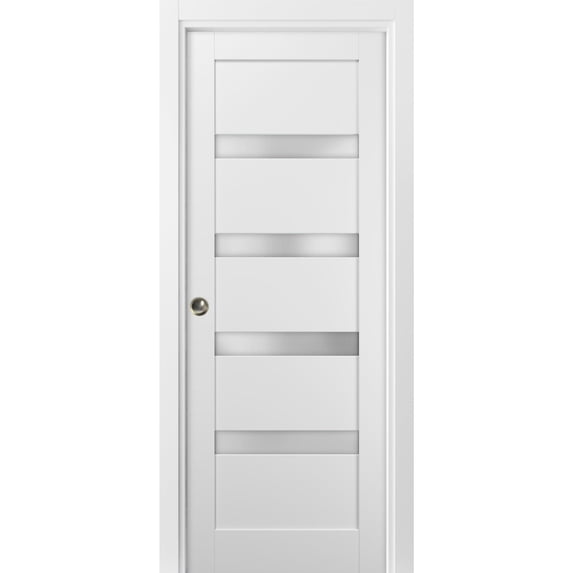 Panel Lite Pocket Door 28 x 96 with Frames | Quadro 4113 White Silk with Frosted Opaque Glass | Kit Trims Rail Hardware | Solid Wood Interior Pantry Kitchen Bedroom Sliding Closet Sturdy Doors