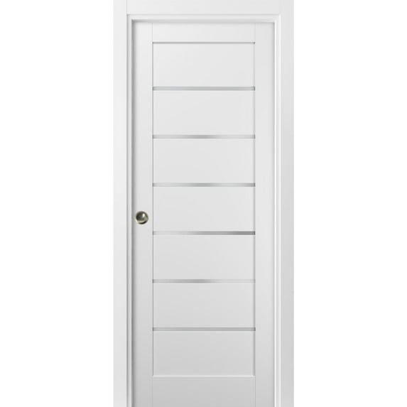 Panel Lite Pocket Door 32 x 96 with Frames | Quadro 4117 White Silk with Frosted Opaque Glass | Kit Trims Rail Hardware | Solid Wood Interior Pantry Kitchen Bedroom Sliding Closet Sturdy Doors