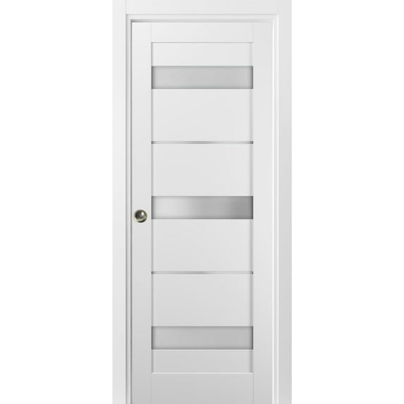 Panel Lite Pocket Door 42 x 80 with Frames | Quadro 4055 White Silk with Frosted Opaque Glass | Kit Trims Rail Hardware | Solid Wood Interior Pantry Kitchen Bedroom Sliding Closet Sturdy Doors