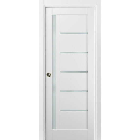 Panel Lite Pocket Door 42 x 96 with Frames | Quadro 4088 White Silk with Frosted Opaque Glass | Kit Trims Rail Hardware | Solid Wood Interior Pantry Kitchen Bedroom Sliding Closet Sturdy Doors