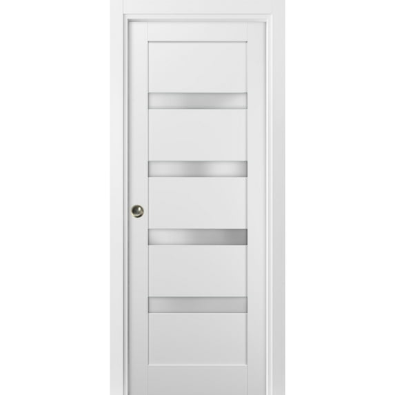 Panel Lite Pocket Door 42 x 96 with Frames | Quadro 4113 White Silk with Frosted Opaque Glass | Kit Trims Rail Hardware | Solid Wood Interior Pantry Kitchen Bedroom Sliding Closet Sturdy Doors