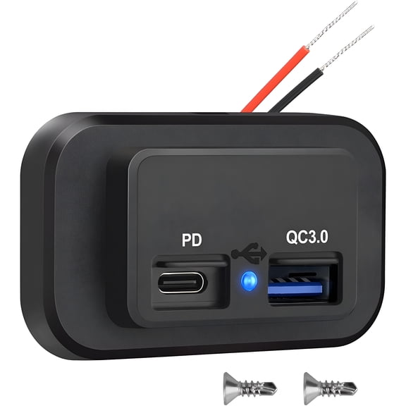 Panel Mount Dual USB Outlet USB-C Type-C PD Charger Quick Charge 3.0, 12V 24V Waterproof Power Socket Adapter for Car RV Marine Motorcycle Truck Golf Cart