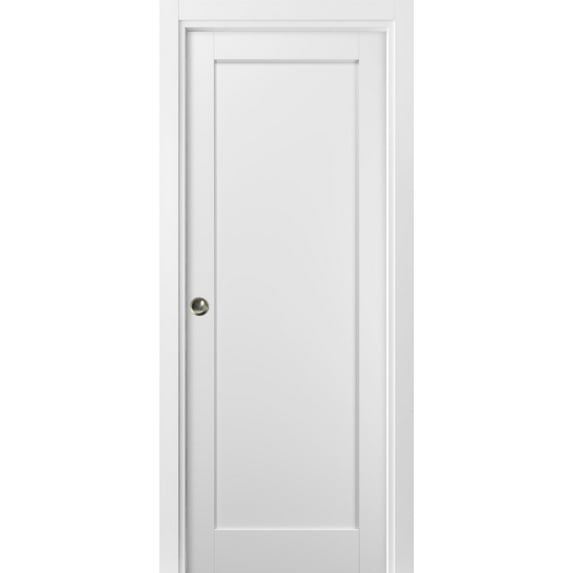 Panel Pocket Door 18 x 84 with Frames | Quadro 4111 White Silk | Kit Trims Rail Hardware | Solid Wood Interior Pantry Kitchen Bedroom Sliding Closet Sturdy Doors