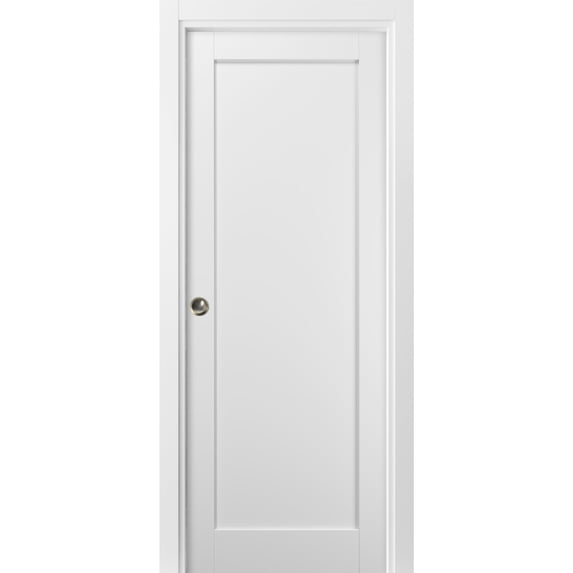 Panel Pocket Door 36 x 80 with Frames | Quadro 4111 White Silk | Kit Trims Rail Hardware | Solid Wood Interior Pantry Kitchen Bedroom Sliding Closet Sturdy Doors