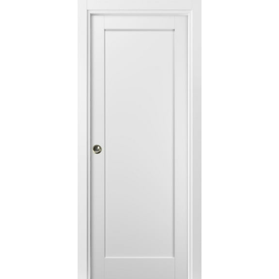 Panel Pocket Door 42 x 84 with Frames | Quadro 4111 White Silk | Kit Trims Rail Hardware | Solid Wood Interior Pantry Kitchen Bedroom Sliding Closet Sturdy Doors