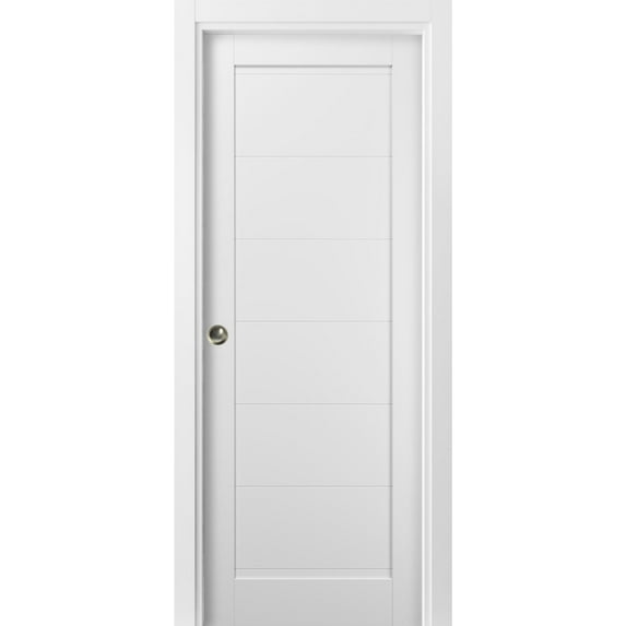 Panel Pocket Door 42 x 96 with Frames | Quadro 4115 White Silk | Kit Trims Rail Hardware | Solid Wood Interior Pantry Kitchen Bedroom Sliding Closet Sturdy Doors