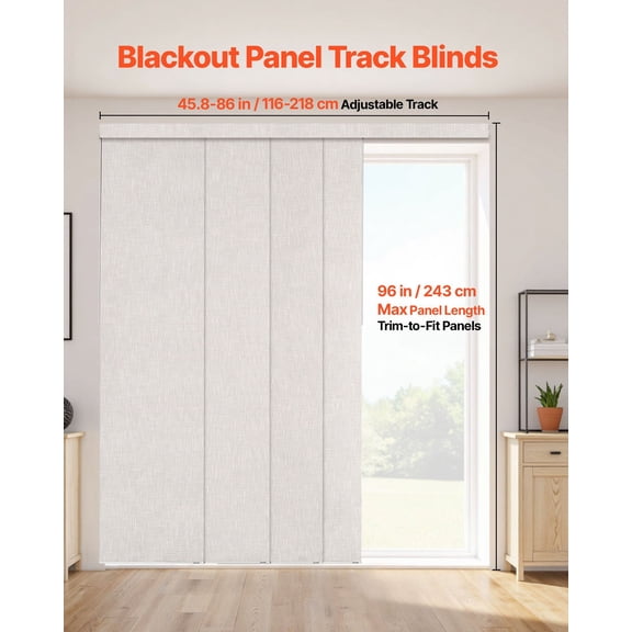 Panel Track Blinds,Extendable Track from 45.8 in to 86 in W,Trimmable Panel Curtains Up to 96 in H,Vertical Blackout Panel Blinds for Sliding Doors,Patio Doors,Room Divider,Light Gray