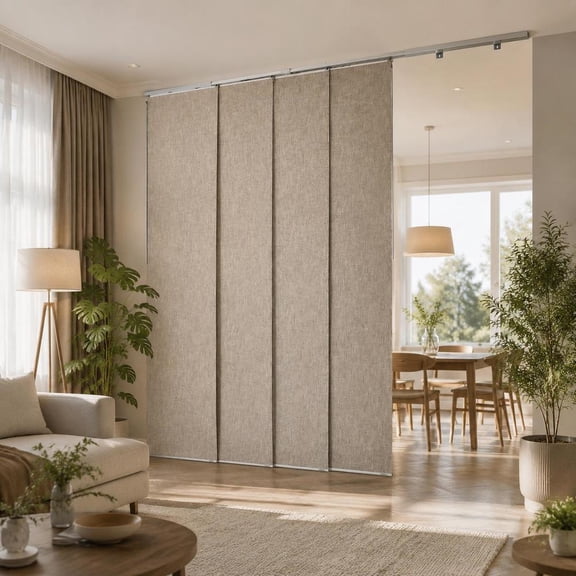 Panel Track Blinds for Sliding Doors, Extendable Track 45.8-86 in W, Trimmable 96 in H, 4 Blackout Brown Panels