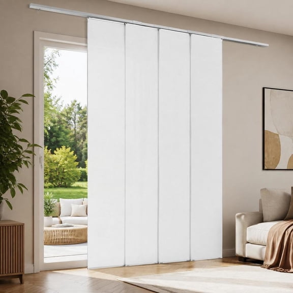 Panel Track Blinds for Sliding Doors and Windows, Extendable 45.8-86 Inch Track, Trimmable to 96 Inch H, 4 White Polyester Panels Room Divider