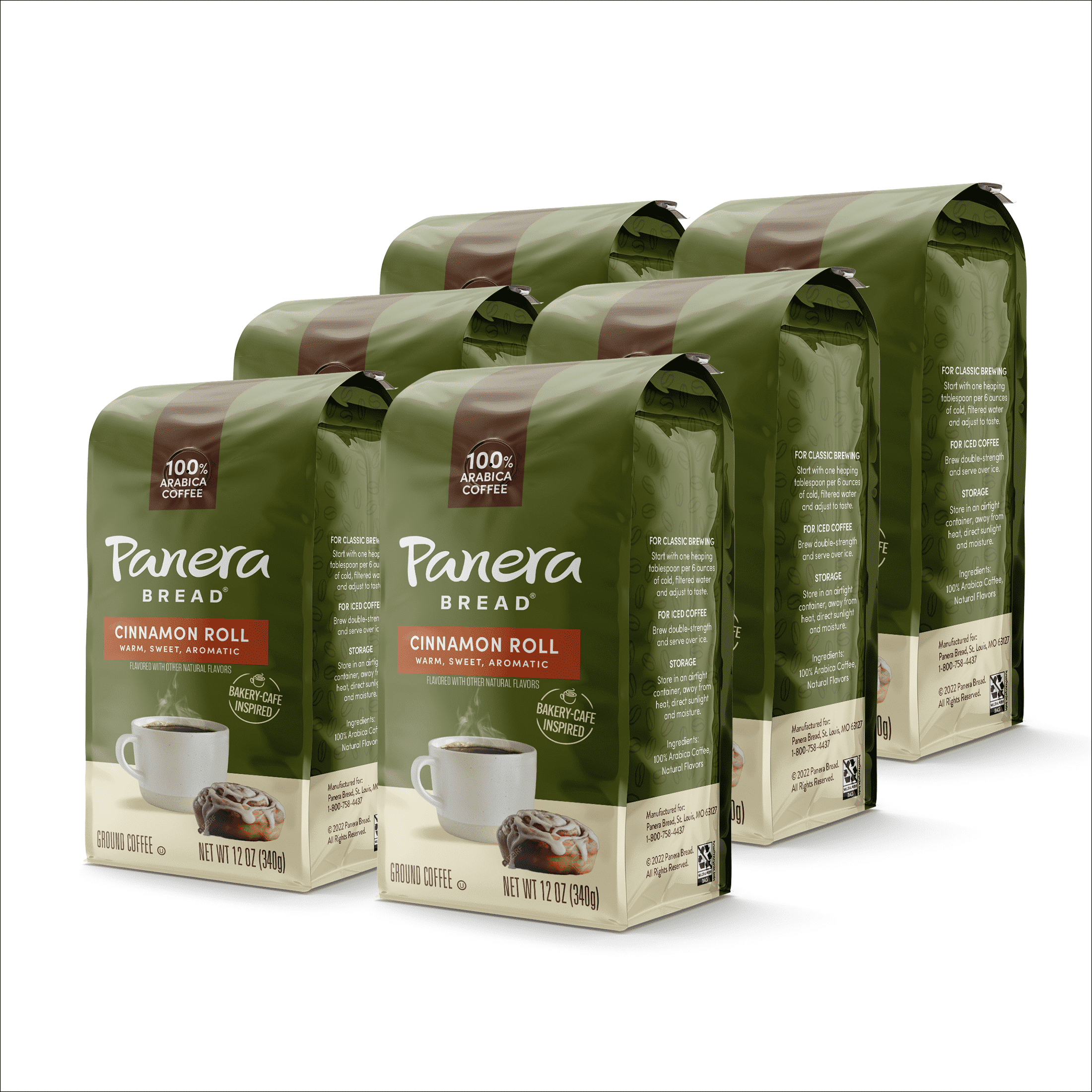 Panera Bread Cinnamon Roll Light Roast Ground Coffee, 100% Arabica Coffee, Bagged 12oz 6 ct Case (6 Bags)