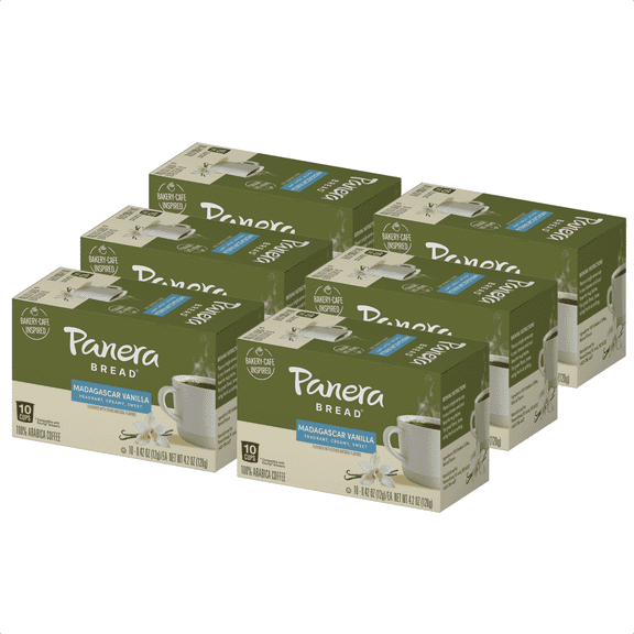 Panera Bread Madagascar Vanilla Light Roast Coffee, Single Serve 60 Count Pods (6 Packs of 10)
