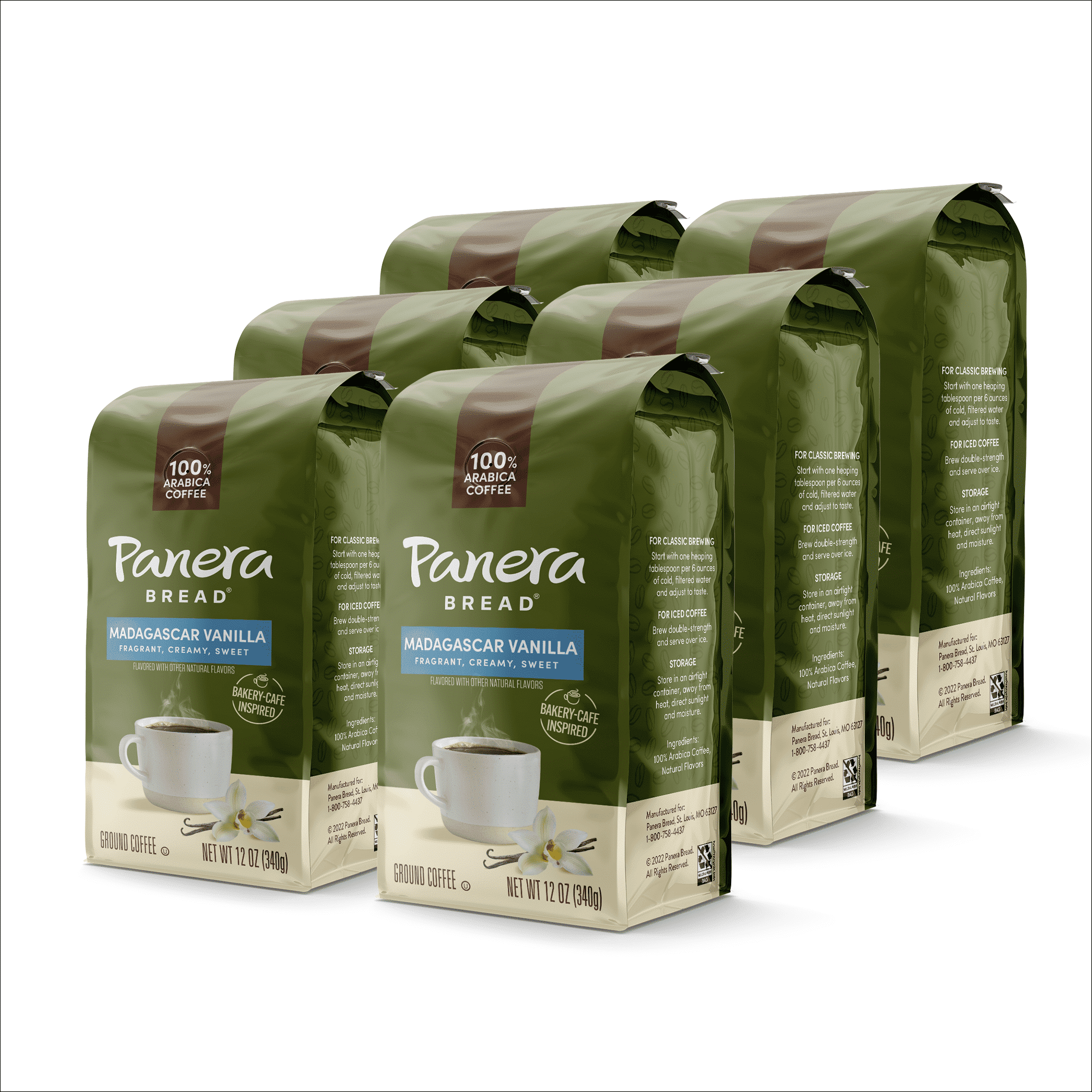 Panera Madagascar Vanilla Light Roast, Ground Coffee, Flavored Coffee, Bagged 12oz, Pack of 6