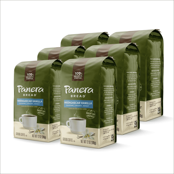 Panera Madagascar Vanilla Light Roast, Ground Coffee, Flavored Coffee, Bagged 12oz, Pack of 6