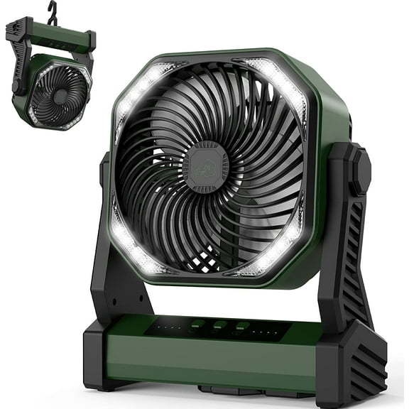 Panergy Camping Fan with LED Lantern, 20000mAh Battery Operated Jobsite Fan with Light & Hook, 270° Pivot, 4 Speeds, Portable Fan for Camping, Fishing, Power Outage, Hurricane-Army Green