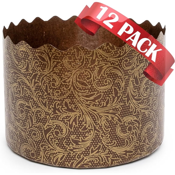 Panettone Paper Mold - Easter Bread Forms for Baking Italian Christmas Panettone - W 4 3/8-Inches x H 3 3/8-Inches, 12 oz - Brown and Gold Deluxe Kulich Forms Paska Forms for Orthodox Easter - 12Pack