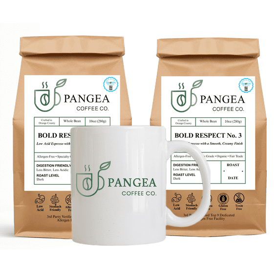 Pangea Coffee Bold Respect Dark Roast 2-Pack (10oz) + Ceramic Mug – Whole Bean, Low Acid