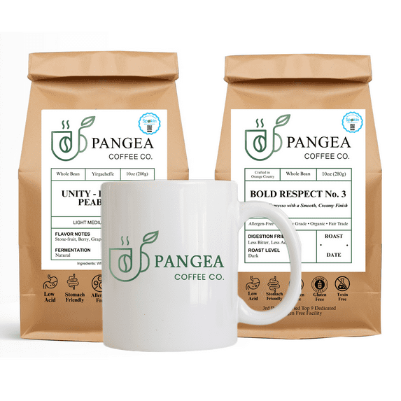 Pangea Clean Coffee for Athletes Bundle – Whole Bean Low Acid Coffee 2-Pack + Mug – Gut-Friendly, Mold-Free, Allergen-Free, Fresh Roasted