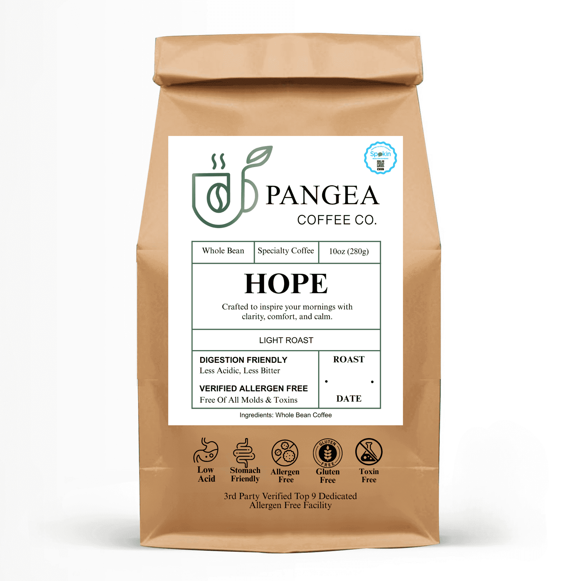 Pangea Coffee Co. Hope Light Roast Coffee, Whole Bean, Low Acid, Organic, Mold-Free, Allergen-Free, 10 oz