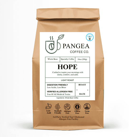 Pangea Coffee Co. Hope Light Roast Coffee, Whole Bean, Low Acid, Organic, Mold-Free, Allergen-Free, 10 oz