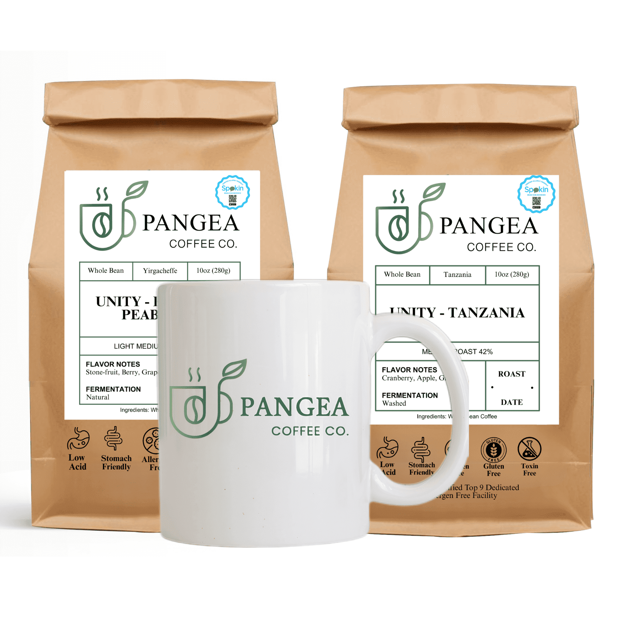Pangea Coffee Rise & Grind Bundle – Whole Bean Light & Medium Roast, Low Acid, 2 Bags + Mug (10oz Each)