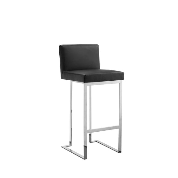 Pangea Home Dexter 30" Modern Faux Leather & Polished Steel Bar Stool in Black