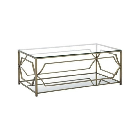 Pangea Home Edward Metal Rectangle Coffee Table with Glass in Brushed Brass