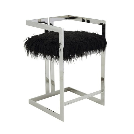Pangea Home Kenzie 23.6" Stainless Steel & Faux Fur Counter Stool in Black