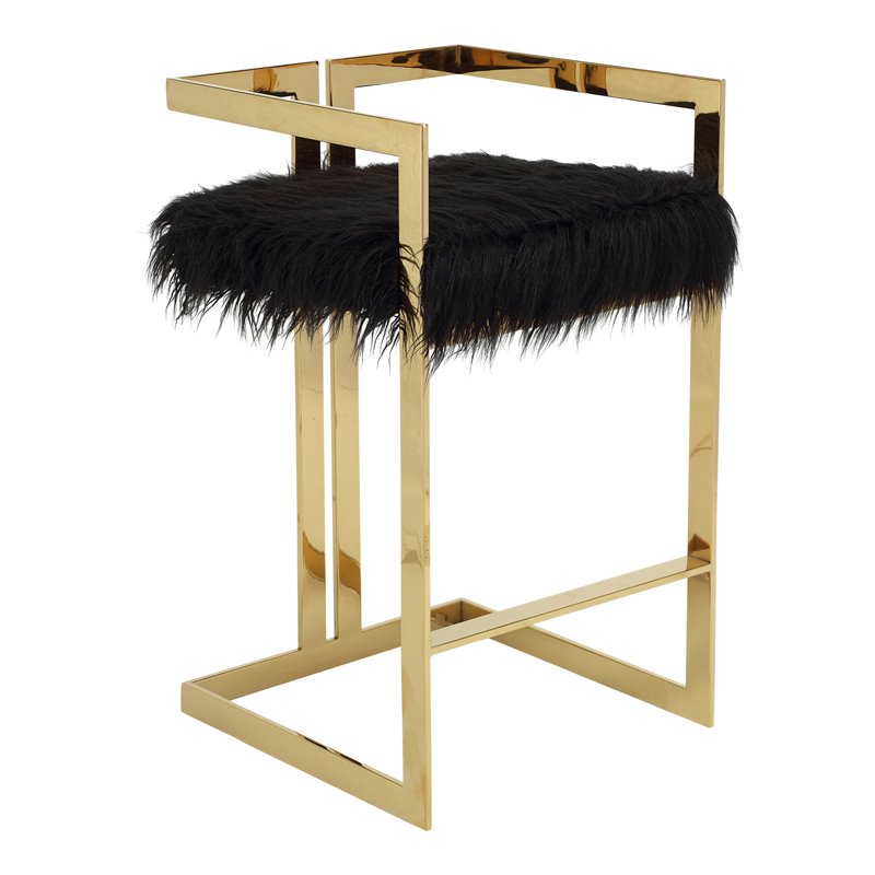 Pangea Home Kenzie 27.5" Stainless Steel & Faux Fur Bar Stool in Black/Gold