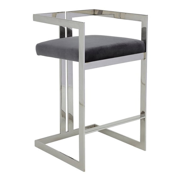 Pangea Home Kenzie 27.5" Velvet & Stainless Steel Bar Stool in Gray/Silver