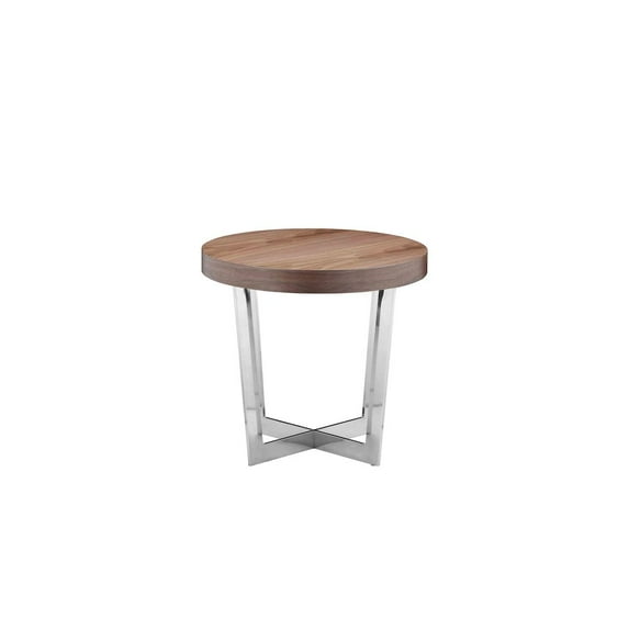 Pangea Home Oyster Modern Wood Veneer & High Polished Steel Side Table in Walnut