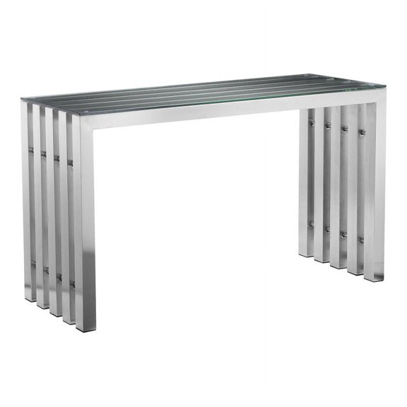 Pangea Home Vlad Modern Brushed Steel Metal Console Table in Silver